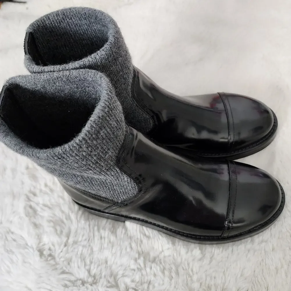 J.Crew Black Italian Leather Ribbed Knit Cuff Ankle Boots NIB NWT Size 10 BM708